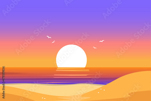 flat Summer beach background with sunset