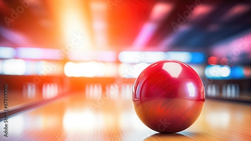 Bowling ball put on alley with blurred bowling pin background.