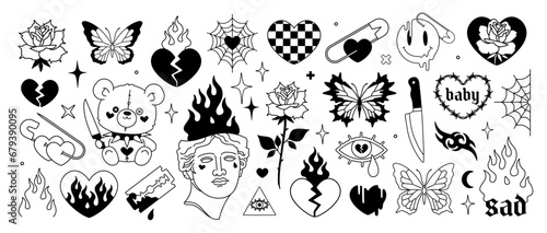Psychedelic Tattoo Art in 2000s style. Y2k Emo Goth Stickers. Line art butterfly, barbed wire heart, flame, antique sculpture, rose flower. Gothic style tattoo. Vector Old School Tattoo print designs