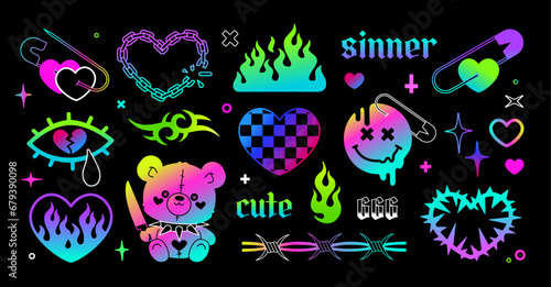 Y2k acid tattoo art in psychedelic style. Neon glow tattoo stickers for pattern design. Psychedelic trip elements, teddy bear, ornament, decor, flame. Hologrphic print design in 2000s. Isolated vector