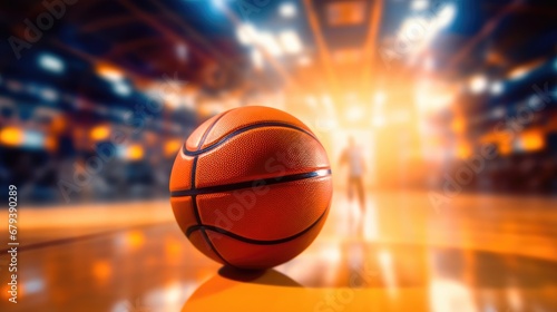 Basketball on court floor, close up with blurred arena in background © brillianata