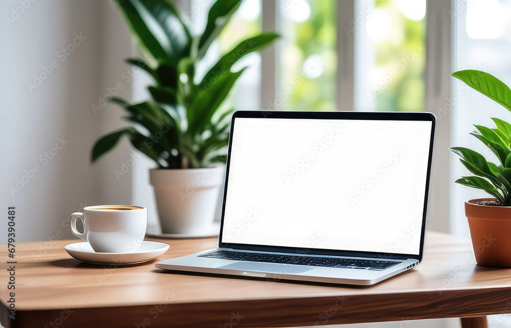 Laptop with white screen and a cup of coffee on a wooden table on a blurred interior background with houseplants. Freelancing, home office, distant work concept.
Generative AI Laptop with white screen and a cup of coffee on a wooden table on a blurred interior background with houseplants. Freelancing, home office, distant work concept.
Generative AI