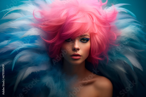 A girl with colorful hair and makeup with a feather, in the style of dark sky blue and light pink, sharp/prickly layered textures, high tonal range photo