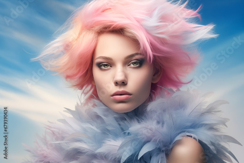 A girl with colorful hair and makeup with a feather, in the style of dark sky blue and light pink, sharp/prickly layered textures, high tonal range