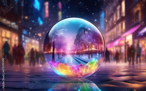 Colorful crystal glass ball with snowy trees inside on a night city street blurred background. Generative AI