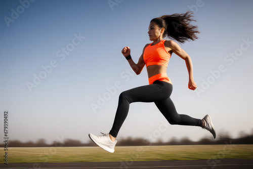 Professional female athlete running. Woman running outdoors, jogging, dynamic sport.Generative AI