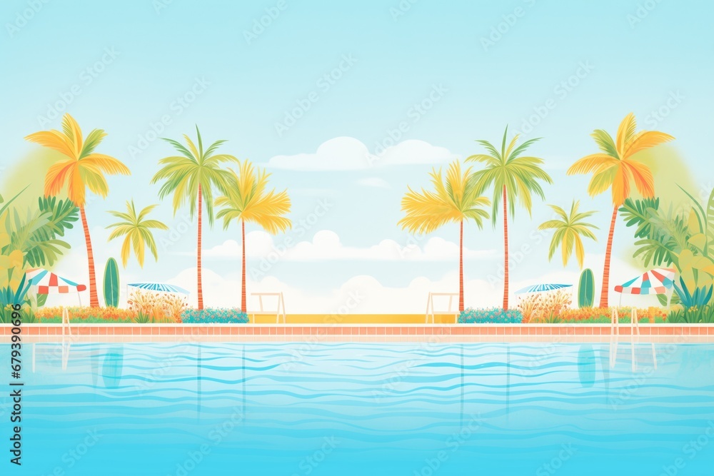 swimming pool with palm trees around its perimeter
