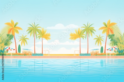 swimming pool with palm trees around its perimeter