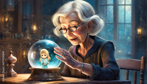 Old lady looking at crystal ball seeing her younger self photo