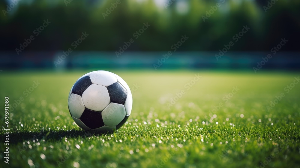 Soccer ball on green field. Sports football banner.
