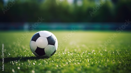 Soccer ball on green field. Sports football banner. © brillianata