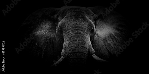 Closeup of a male African bush elephant coming out of the bushes in grayscale photo