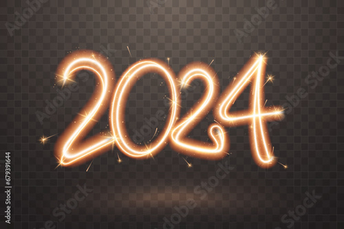 2024 sparkler sign. Firework trail with glow flare effect isolated on transparent background. Sparkling New Year number in freeze light style. Ideal for banner, flyer, poster. Vector illustration