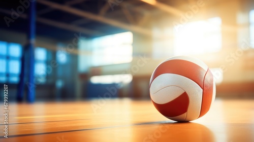 Volleyball ball on blurred wooden parquet background. Banner, space for text