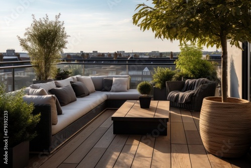 Design of a modern minimalistic urban roof terrace, with cozy sofa, wooden coffee table and green plants © Anzhela
