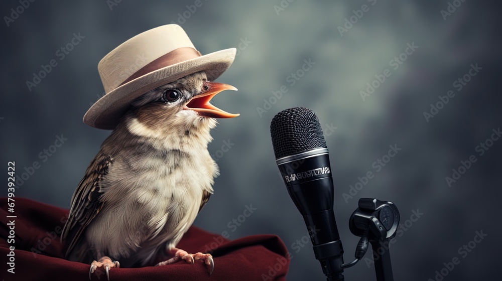 A bird in a journalistic hat holding a microphone and asking questions - obrazy, fototapety, plakaty 