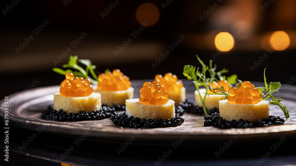 Food, hospitality and room service, starter appetisers with caviar as exquisite cuisine in hotel restaurant a la carte menu, culinary art and fine dining