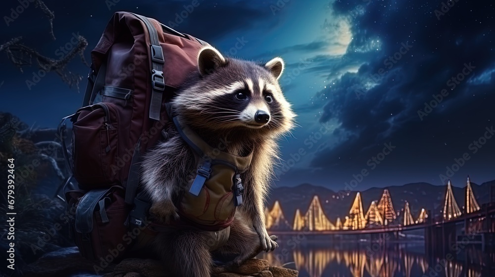 A raccoon with a backpack examining mysterious places in the night - obrazy, fototapety, plakaty 