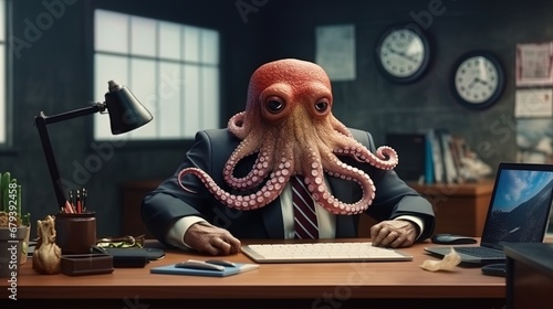 octopus with a tie and a briefseis sitting office table photo