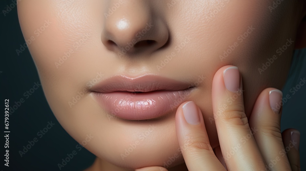 Fototapeta premium A Radiant Face with Manicured Nails Exudes Health