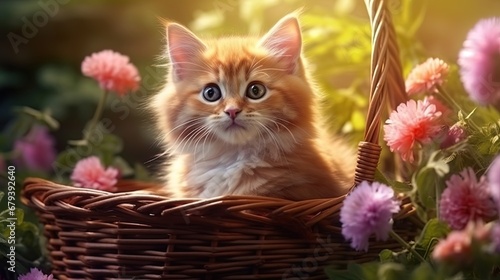 Floral Ambiance: Kitten Nestled in Basket