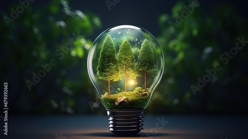 Forest Brilliance: Green Light Bulb Illuminating Detailed Woodland
