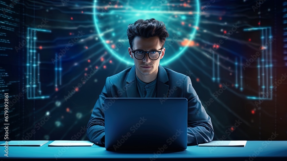 Code Screen on Desk: Young Cybersecurity Expert Code Screen on Desk: Young Cybersecurity Expert