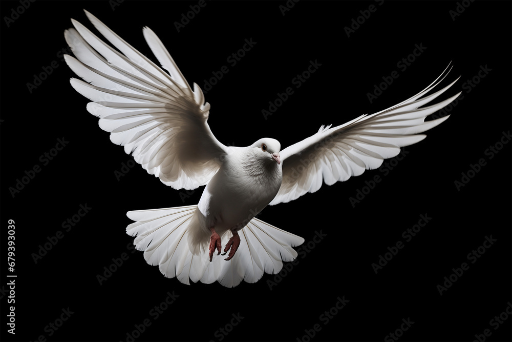 Fototapeta premium white dove taking flight on a black background, freedom, peace