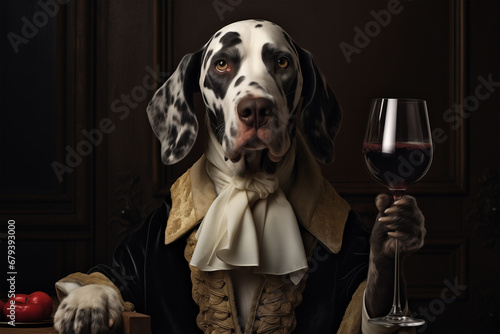 dog with a glass of wine in his paw