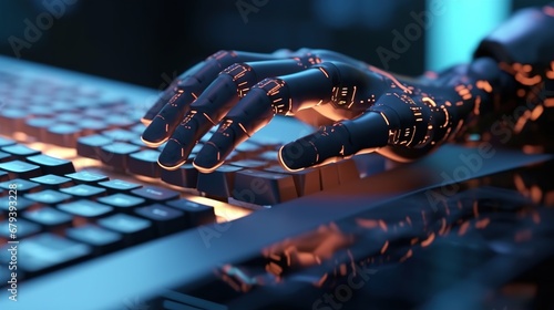 Robot hand typing on the computer. The concept of artificial intelligence replacing a human in dealing with another human. Ai generative. photo