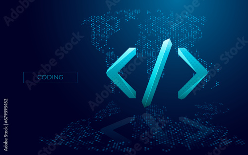 Digital program code icon on dark world map background with reflection on the mirror floor. Java or html symbol. Vector illustration in futuristic light blue style for creating websites and software.