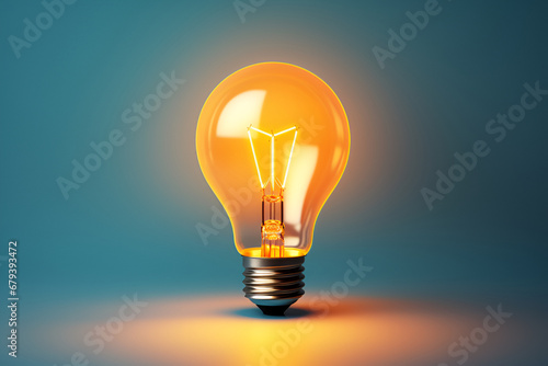 Glowing orange light bulb isolated on a blue background photo