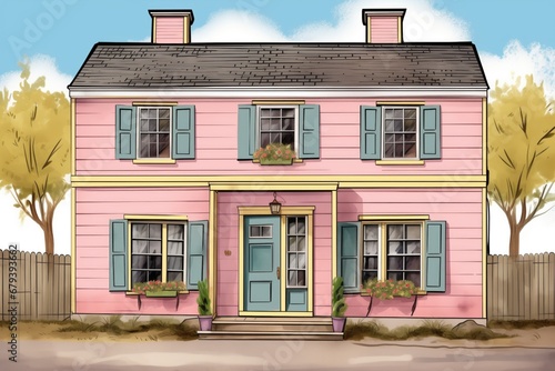 full-length shot of a pastel saltbox house with matching shutters, magazine style illustration