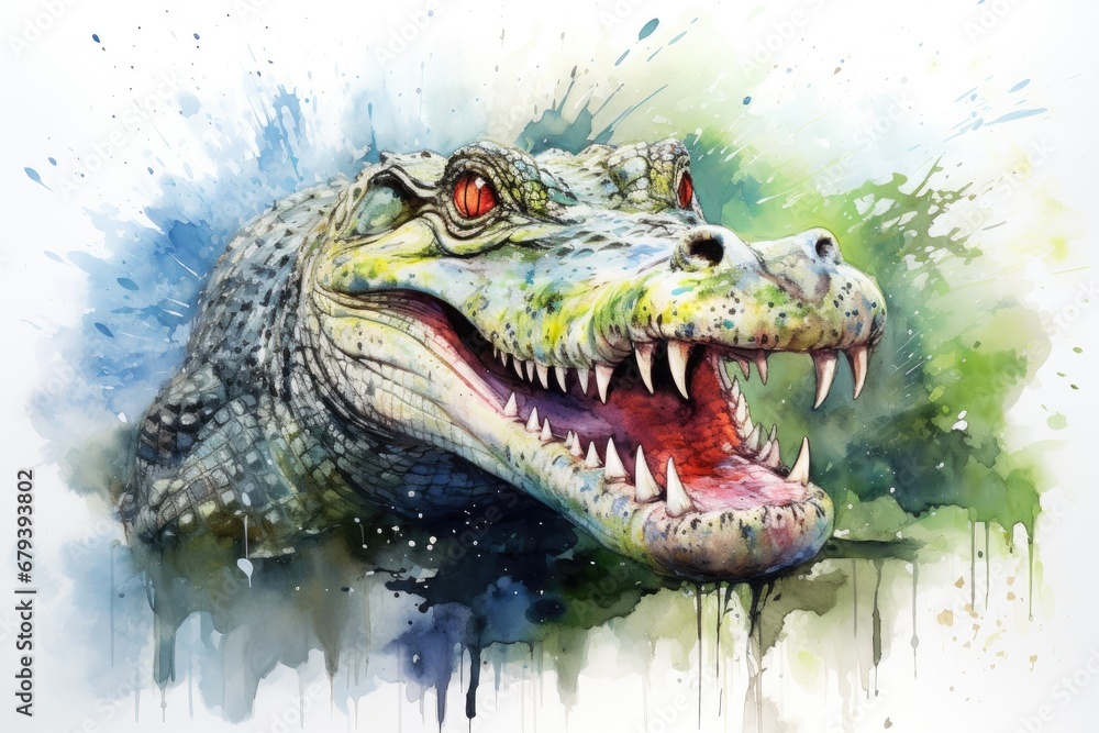 Obraz premium watercolor Crocodile, alligator tropical animal drawing by watercolor
