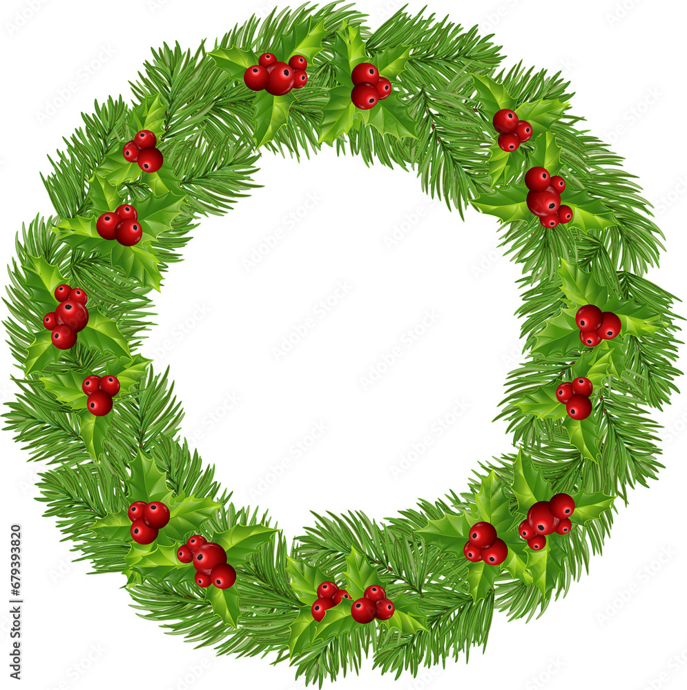 New Year's wreath with red berries, pine cones and tinsel. Green pine wreath. On transparent, PNG, illustration. Garland New Year's wreath with red berries, pine cones and tinsel. Green pine wreath. On transparent, PNG, illustration. Garland