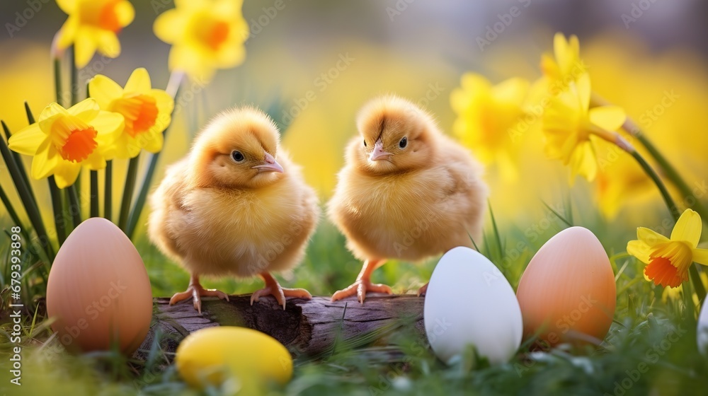 Easter chick and Easter eggs. Generative AI
