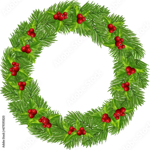 New Year's wreath with red berries, pine cones and tinsel. Green pine wreath. On transparent, PNG, illustration. Garland