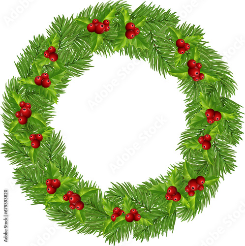 Wallpaper Mural New Year's wreath with red berries, pine cones and tinsel. Green pine wreath. On transparent, PNG, illustration. Garland Torontodigital.ca