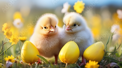Easter chick and Easter eggs. Generative AI