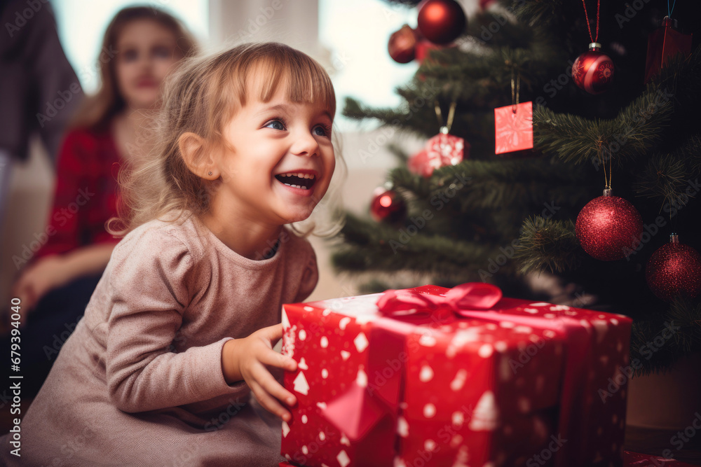 Little girl laughing with an expression of surprise, receiving a Christmas gift next to the illuminated tree during Christmas Eve, in the living room of the house with the family Little girl laughing with an expression of surprise, receiving a Christmas gift next to the illuminated tree during Christmas Eve, in the living room of the house with the family