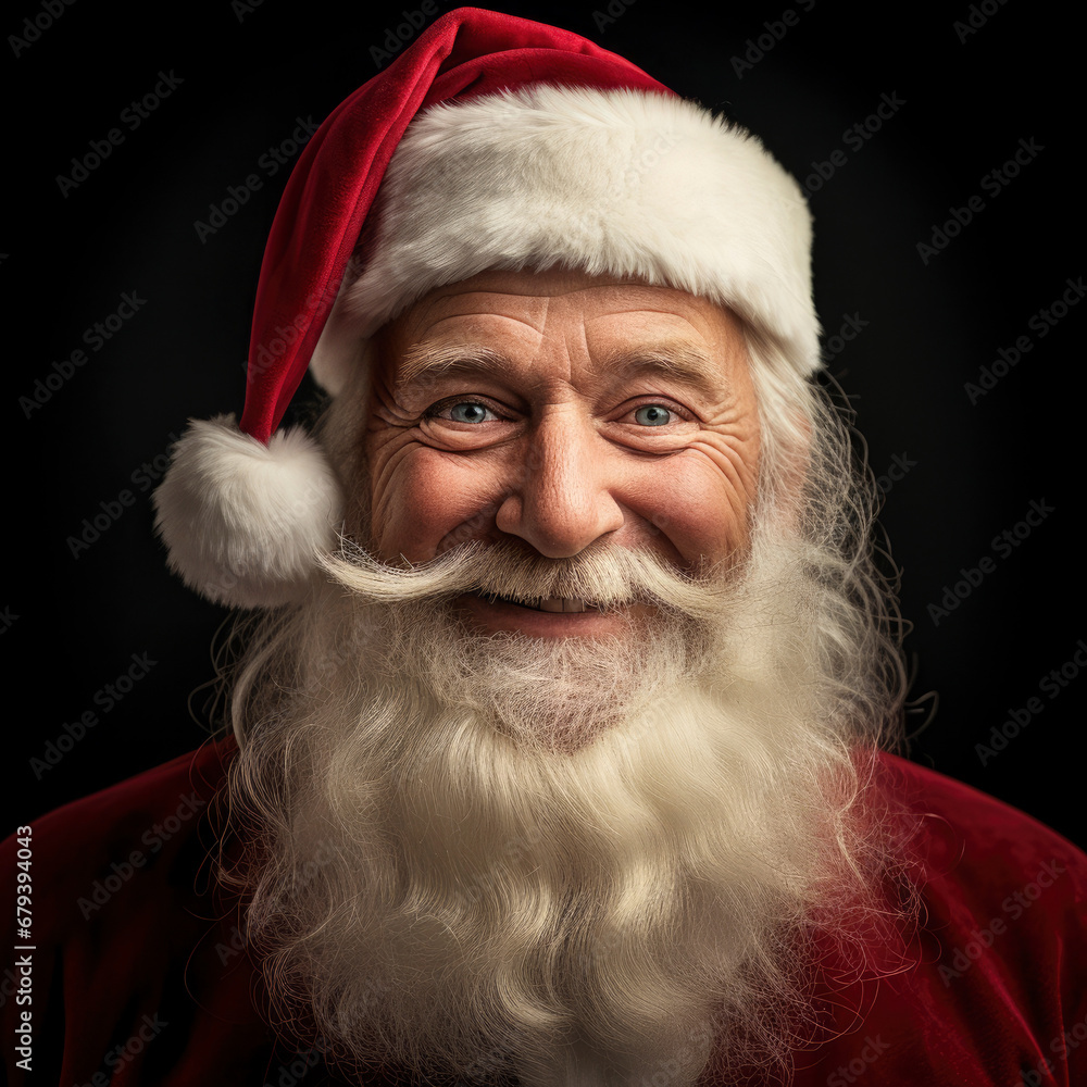 Happy portrait of a smiling Santa Claus on dark background, looking at camera. christmas time
