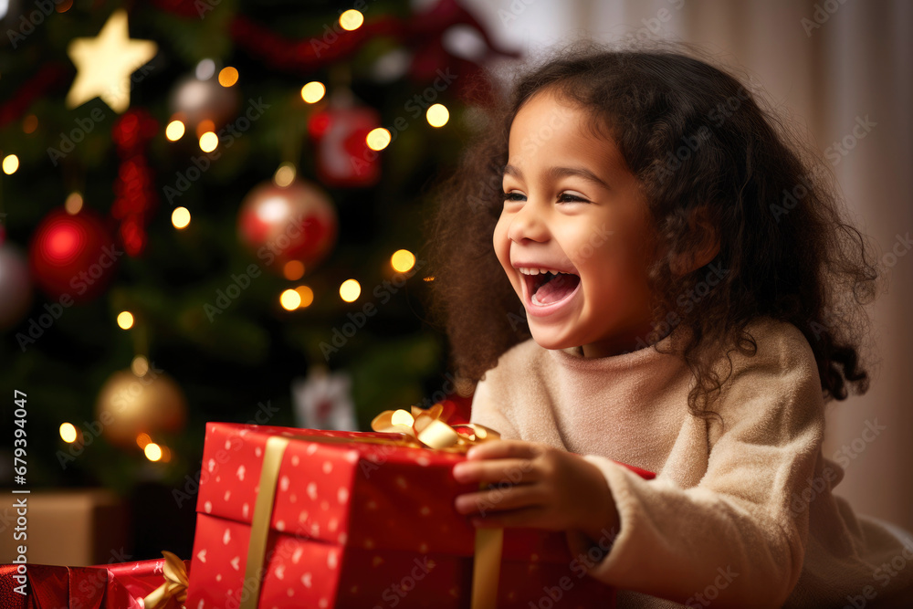 Little girl laughing with an expression of surprise, receiving a red Christmas gift box, next to the illuminated tree during Christmas Eve, in the living room. Little girl laughing with an expression of surprise, receiving a red Christmas gift box, next to the illuminated tree during Christmas Eve, in the living room.