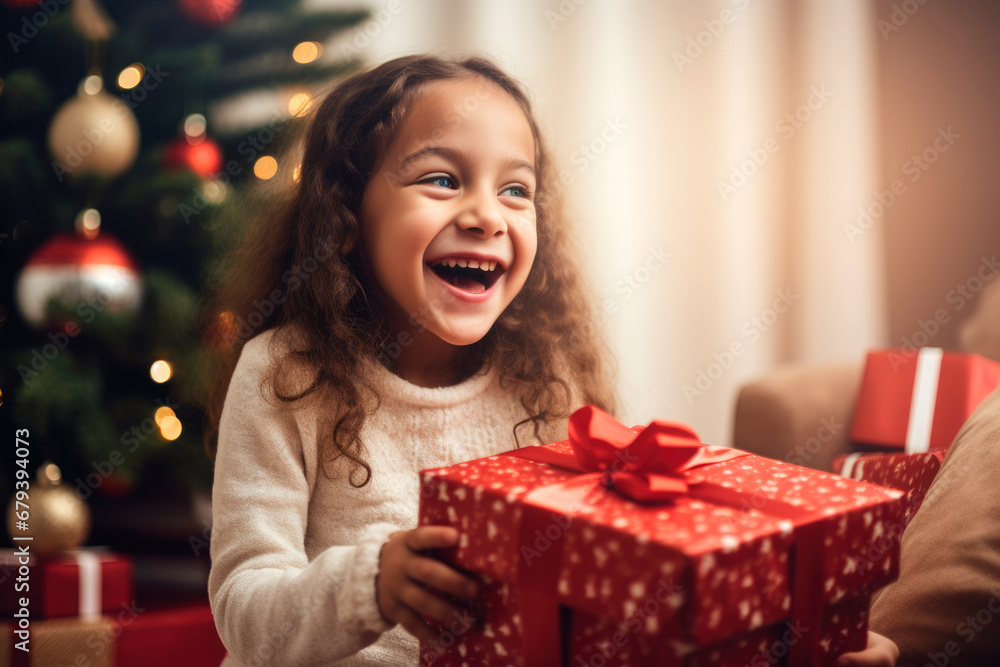 Little girl laughing with an expression of surprise, receiving a red Christmas gift box, next to the illuminated tree during Christmas Eve, in the living room. Little girl laughing with an expression of surprise, receiving a red Christmas gift box, next to the illuminated tree during Christmas Eve, in the living room.