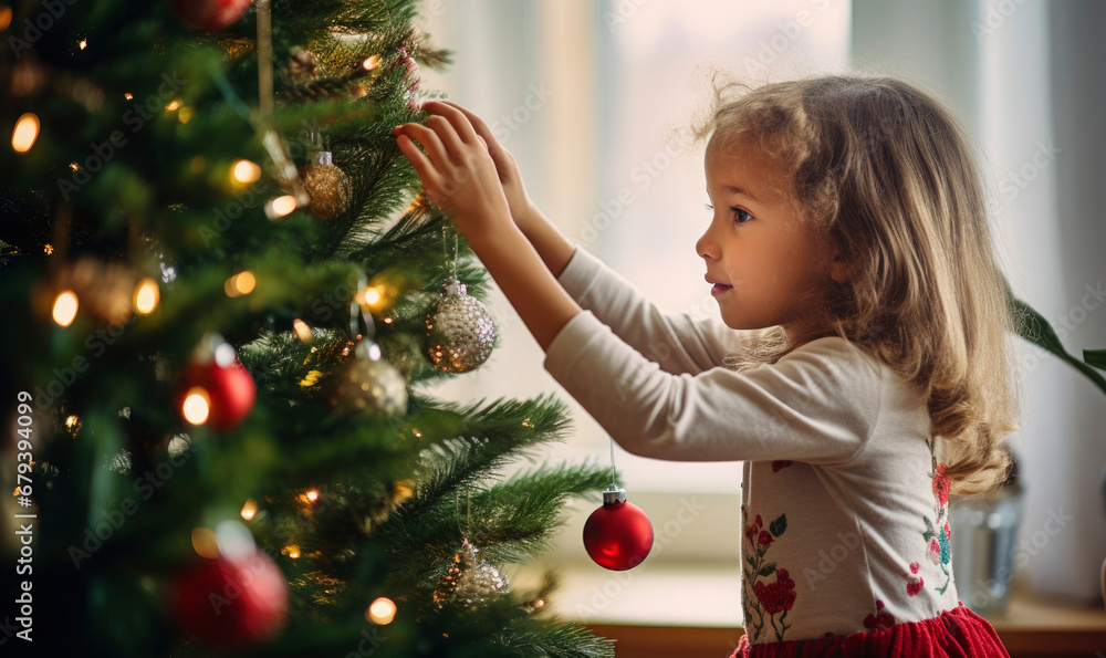 A one little girl in profile is decorating the illuminated Christmas tree at home during Christmas time A one little girl in profile is decorating the illuminated Christmas tree at home during Christmas time