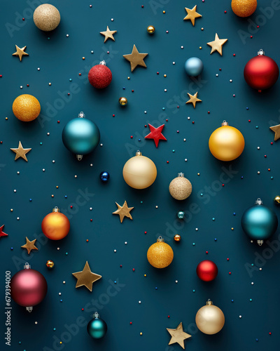 Christmas collection, top view balls and stars decorative ornaments, on vibrant blue background with small golden sparkles of glitter. In red blue, gold and silver tones.