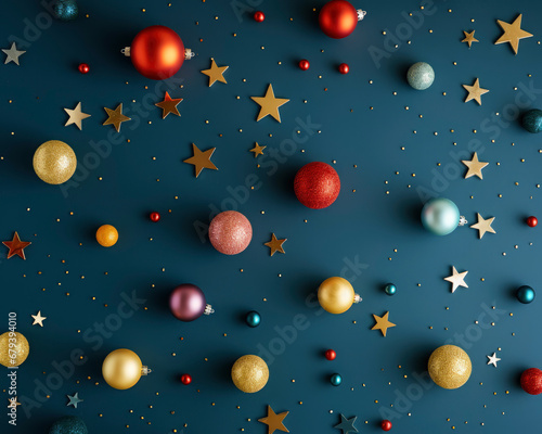 Christmas collection  top view balls and stars decorative ornaments  on vibrant blue background with small golden sparkles of glitter. In red blue  gold and silver tones.