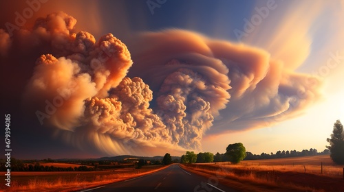 Flaming cloud over an empty road in the desert outback. Dramatic stormy sky over rural road.