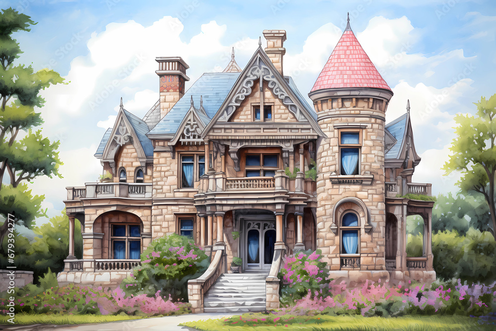 Chateau Style House (Cartoon Colored Pencil) - Originated in France in the 16th century, characterized by a castle-like design with turrets, towers, and a steep-pitched roof