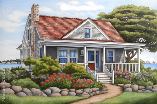 Cape Cod Style House (Cartoon Colored Pencil) - Originated in the 17th century in New England, characterized by steep roofs with side gables, dormer windows, and a central chimney photo