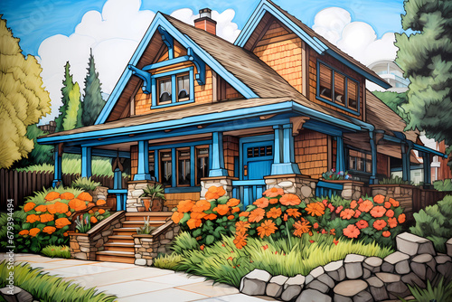 Craftsman Style House (Cartoon Colored Pencil) - Originated in the United States in the early 20th century, characterized by low-pitched roofs, exposed rafters, and handcrafted details